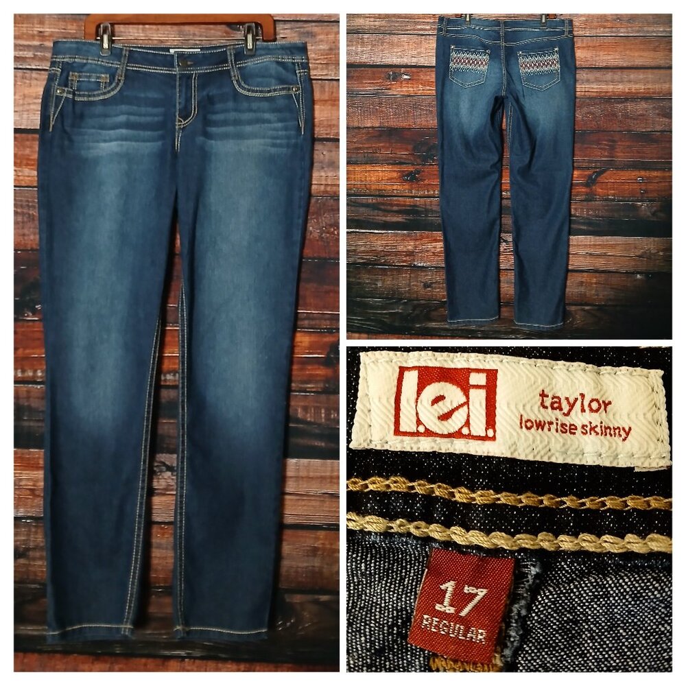 LEI Jeans 17 Taylor Low Rise Skinny Dark Wash Embellished Beaded Denim Stretch
